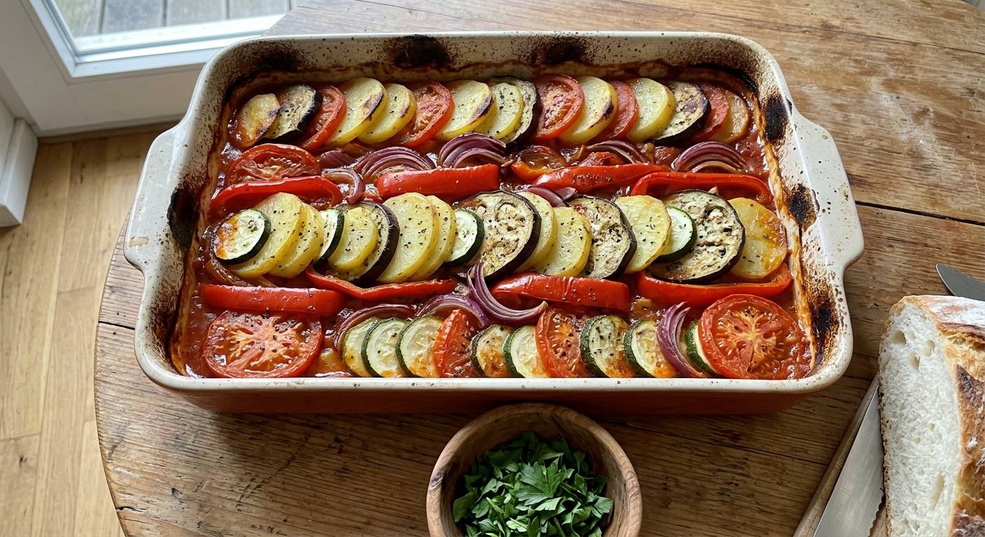 Auflaufform mit geschichteten Kartoffel-, Zucchini- und Auberginenscheiben in Tomatensauce, die Ränder dunkel geröstet