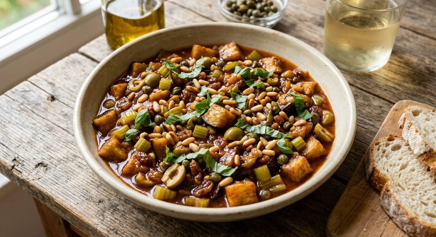 Flache Schale mit sizilianischer Caponata aus gebratenen Auberginenwürfeln, Sellerie, grünen Oliven und Pinienkernen, mit Basilikum bestreut