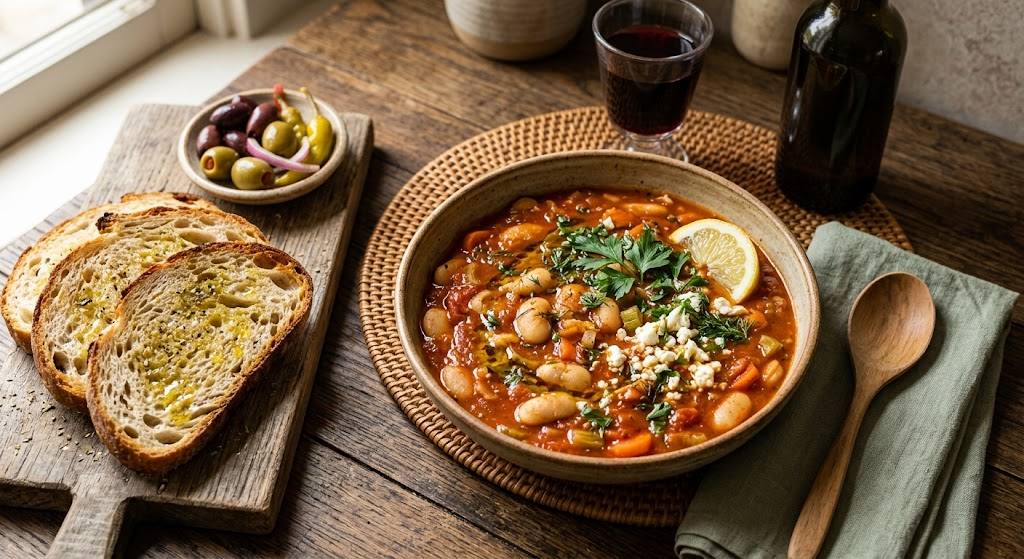 Tiefer Steinguteller mit griechischem Bohneneintopf, garniert mit Petersilie, Feta und einer Zitronenspalte, daneben geröstetes Brot mit Olivenöl