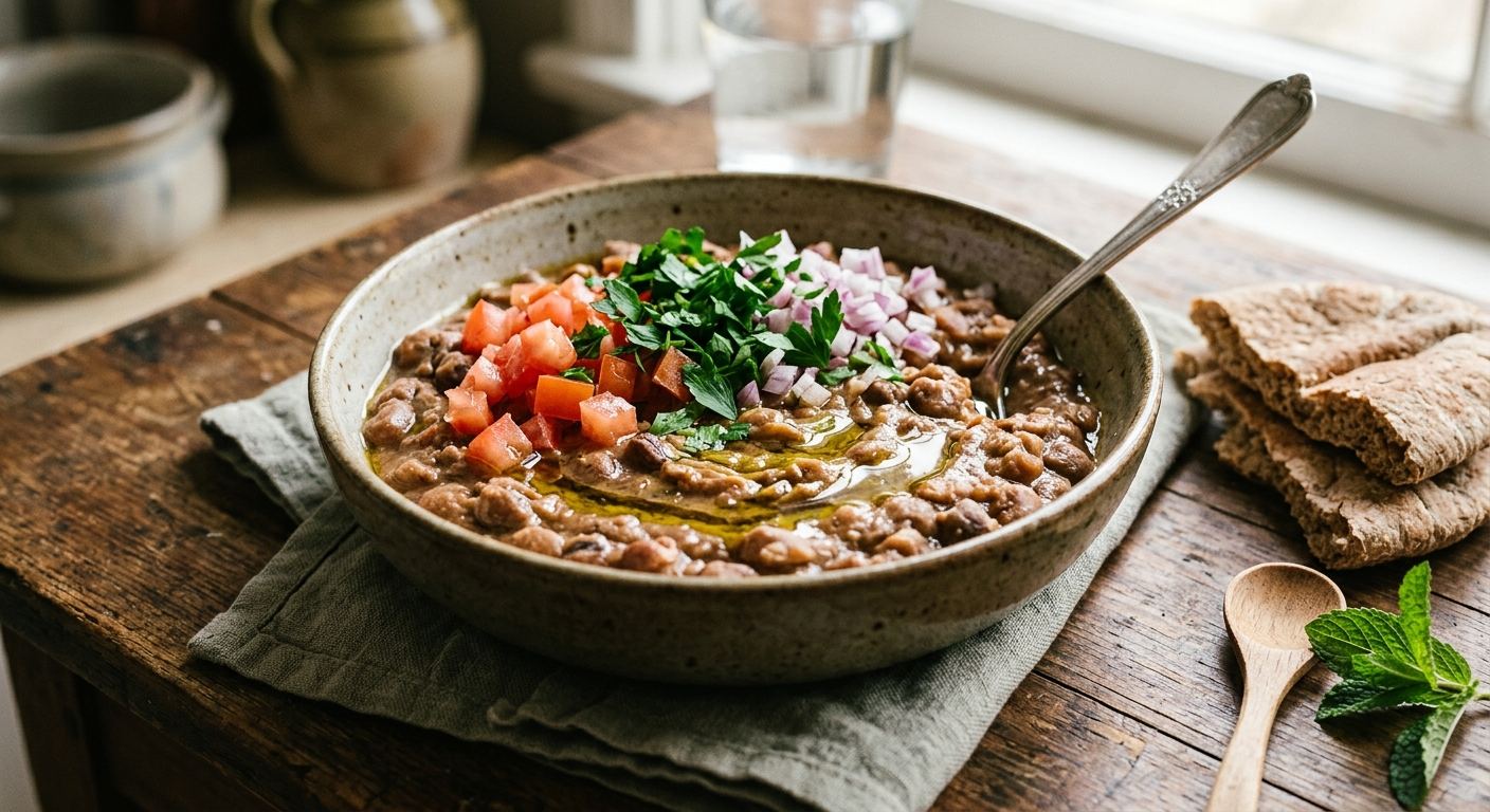 Tiefe Schale mit grob zerdrückten braunen Bohnen, darauf Tomatenwürfel, rote Zwiebel, Petersilie und ein Faden Olivenöl