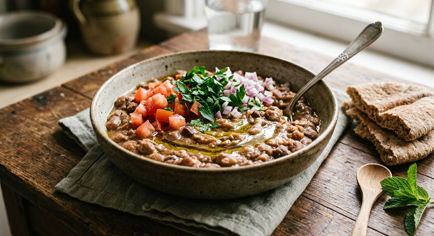 Tiefe Schale mit grob zerdrückten braunen Bohnen, darauf Tomatenwürfel, rote Zwiebel, Petersilie und ein Faden Olivenöl