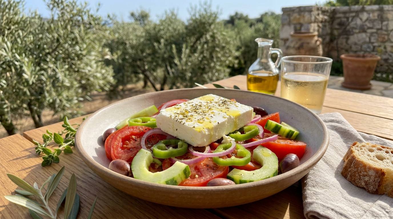 Flache Schale mit Tomatenspalten, Gurkenscheiben, roten Zwiebelringen und Oliven, darauf ein Stück Feta mit Oregano und Olivenöl