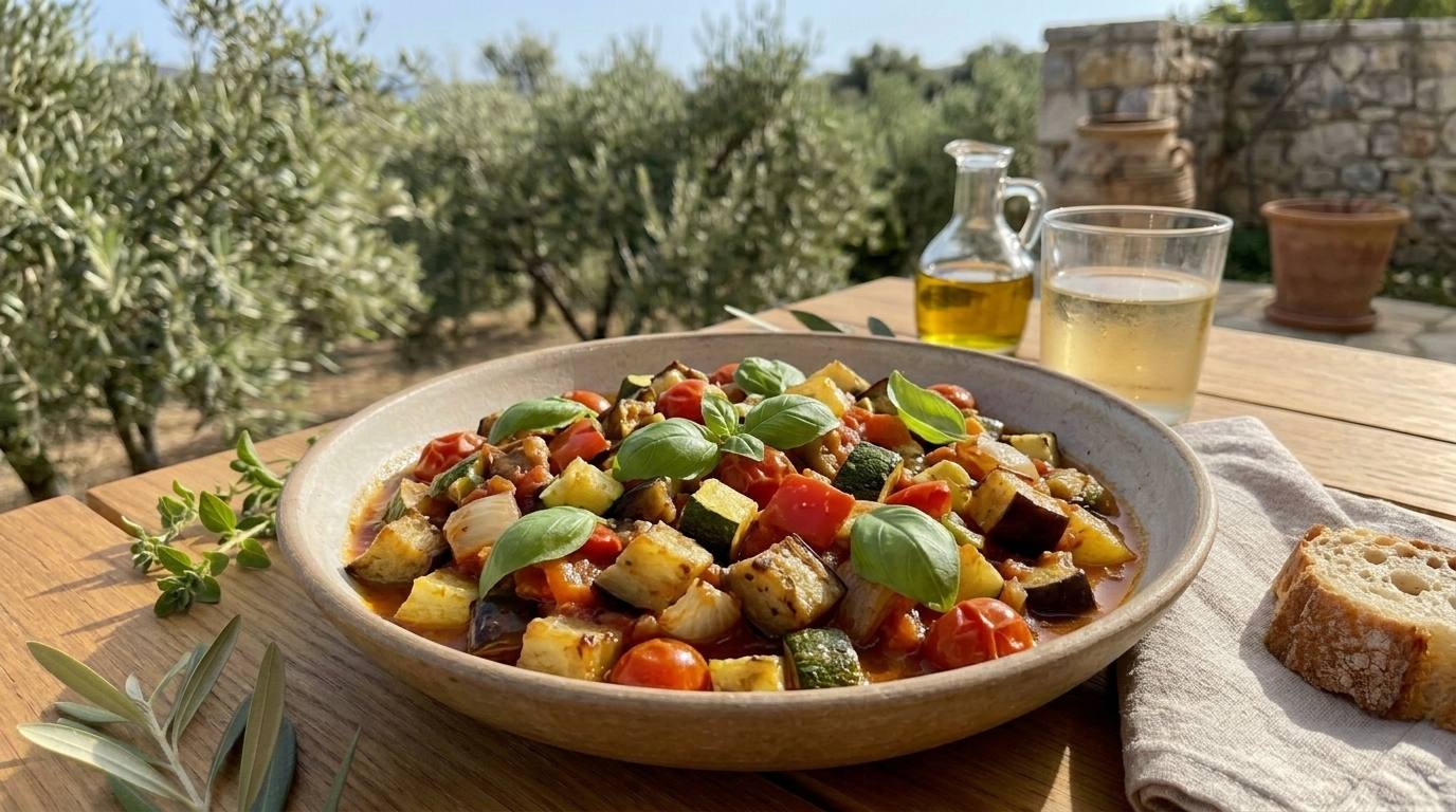 Schmortopf mit Ratatouille aus erkennbaren Auberginen-, Zucchini- und Paprikawürfeln in Tomatensauce, mit frischem Basilikum bestreut