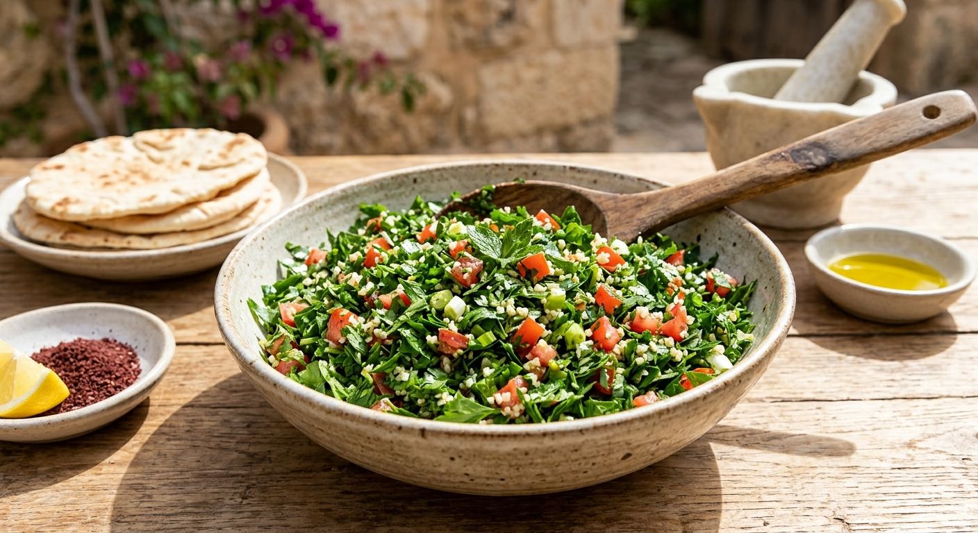 Rustikale Keramikschale mit sattgrünem Tabouleh aus fein geschnittener Petersilie, kleinen Tomatenwürfeln und Bulgur, dahinter Fladenbrot, ein Schälchen Olivenöl und Zitrone mit Sumach