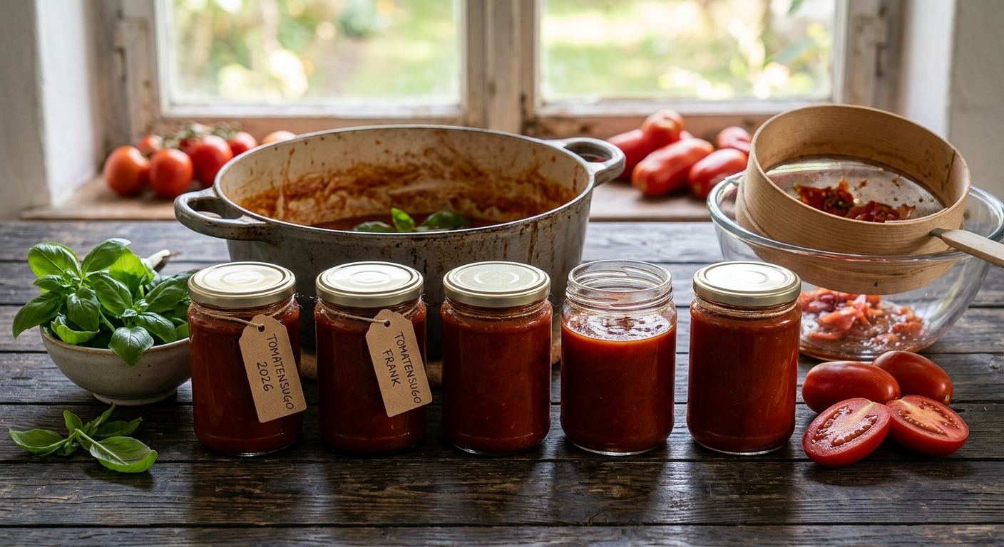 Fünf gefüllte Einmachgläser mit dunkelrotem Tomatensugo neben einem Topf und frischem Basilikum auf einer Holzplatte
